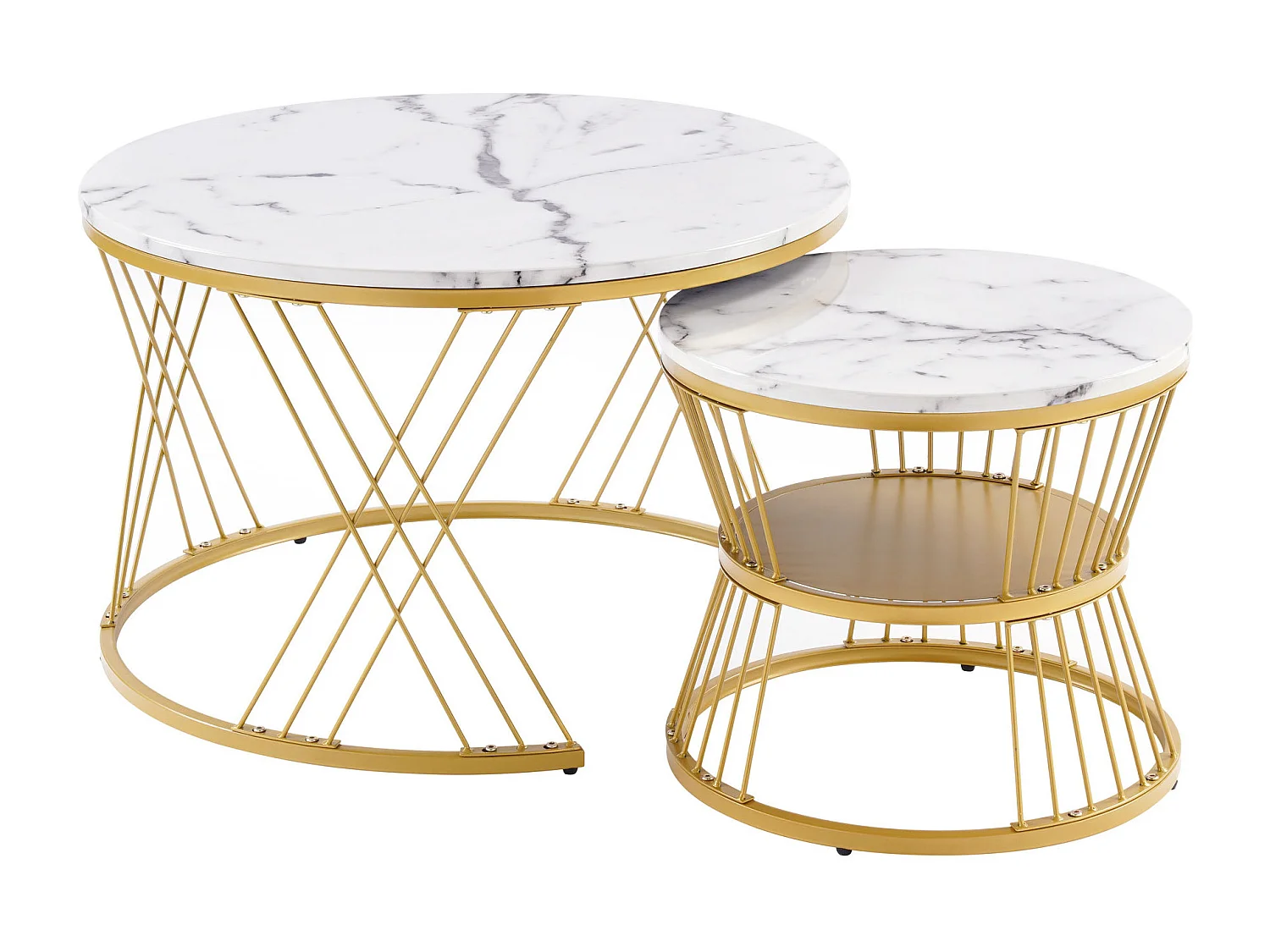 Set di 2 tavolini da caffè - Tavolino rotondo impilabile - Struttura in metallo dorato - Adesivo effetto marmo