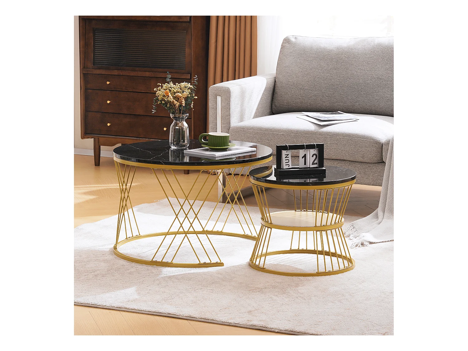 Set di 2 tavolini da caffè - Tavolino rotondo impilabile - struttura in metallo dorato - adesivo effetto marmo nero