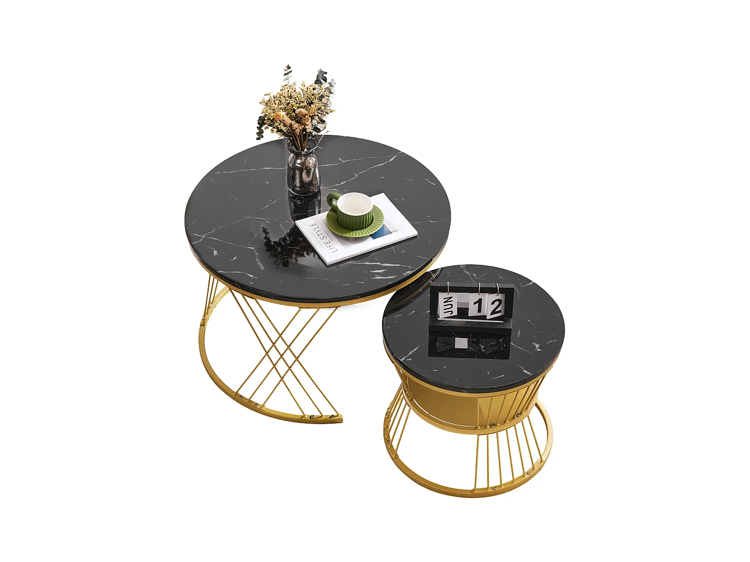 Set di 2 tavolini da caffè - Tavolino rotondo impilabile - struttura in metallo dorato - adesivo effetto marmo nero