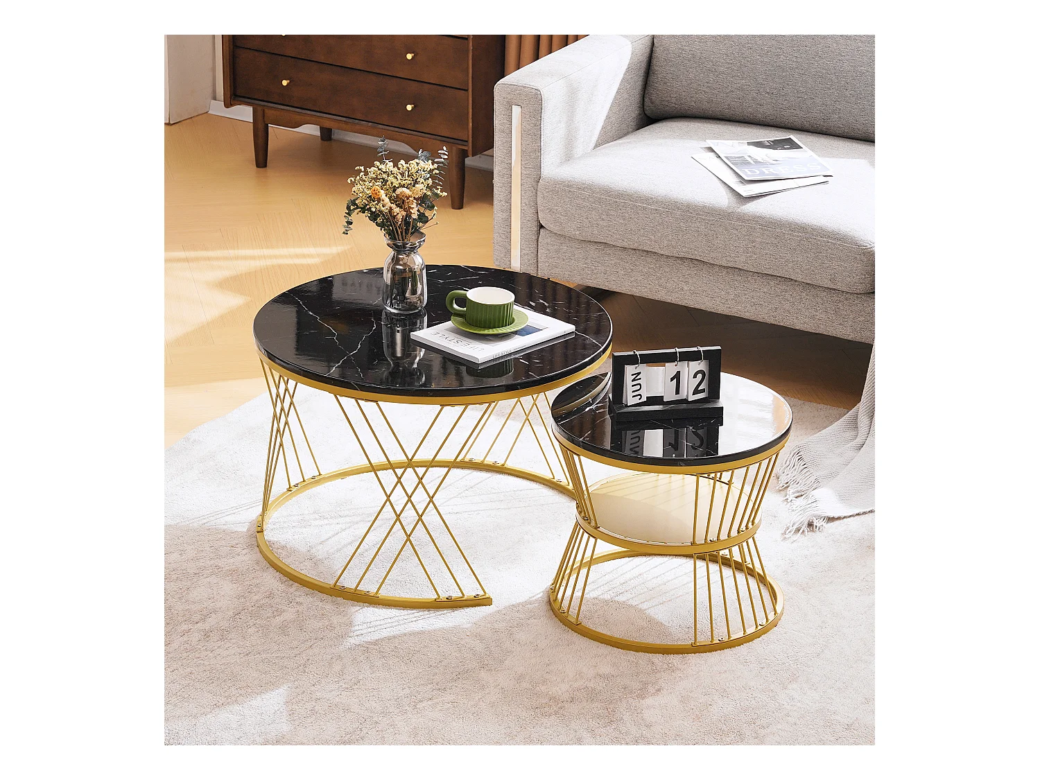 Lot de 2 tables basses  - Table basse gigognes ronde - structure en métal doré - sticker aspect marbre noir