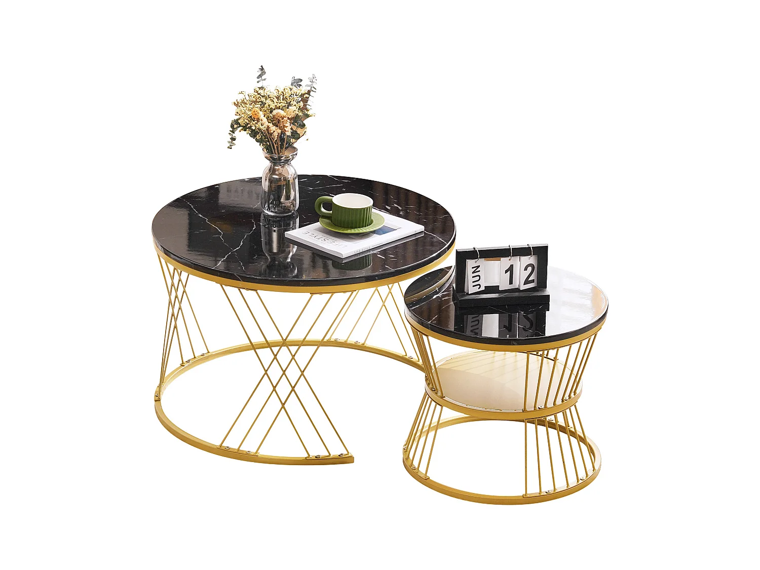 Zestaw 2 stolików kawowych - Okrągły stolik kawowy - złota metalowa rama - naklejka imitująca marmur