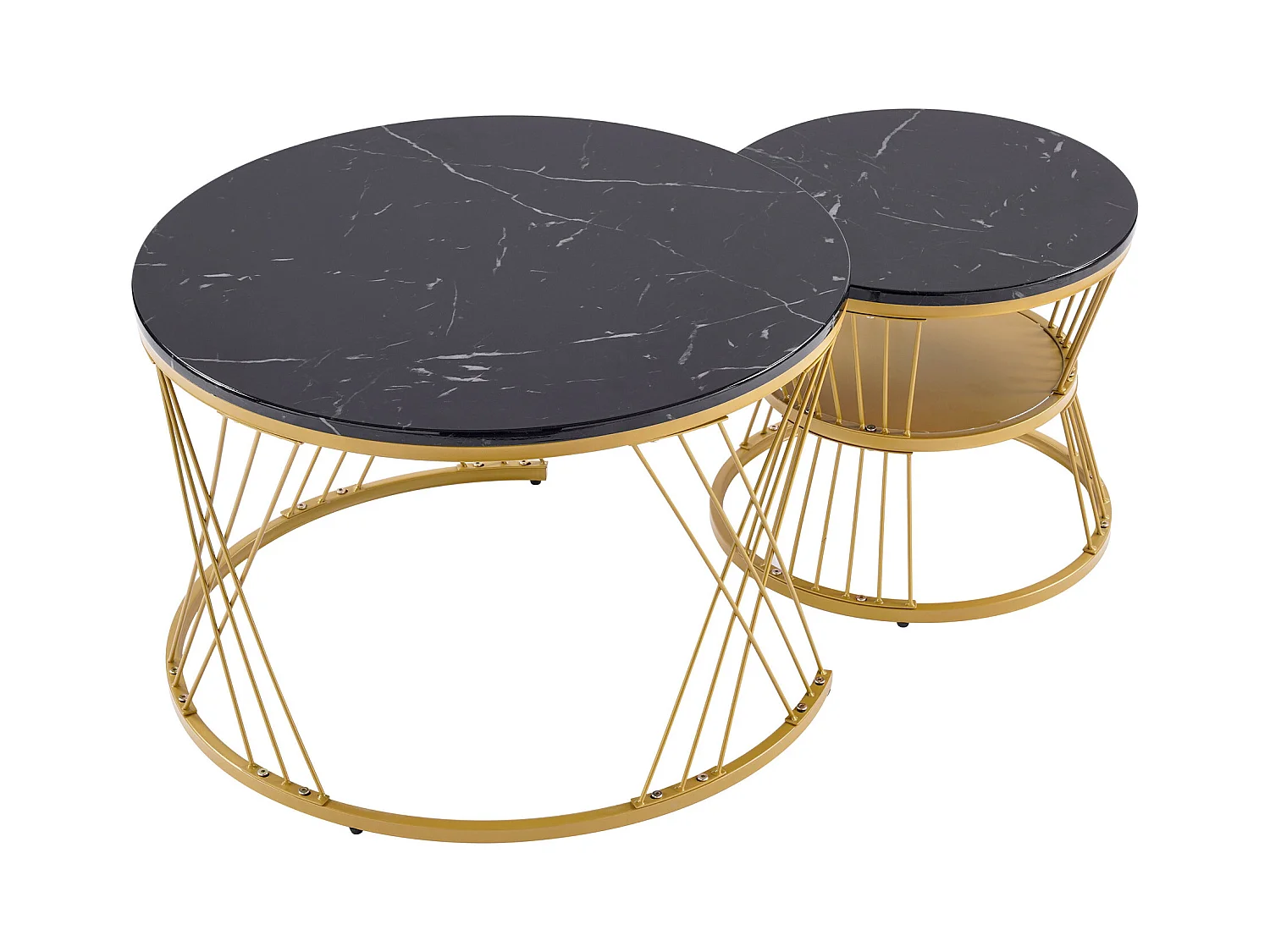 Zestaw 2 stolików kawowych - Okrągły stolik kawowy - złota metalowa rama - naklejka imitująca marmur