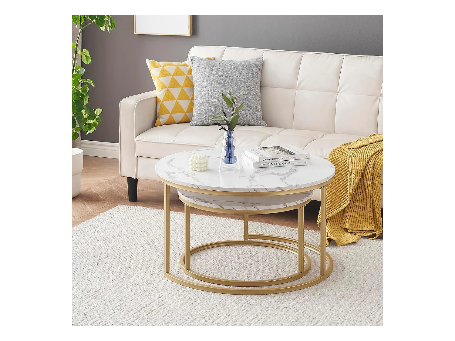 Table basse gigogne ronde, lot de 2, table basse gigogne blanche, cadre en métal doré, placage de marbre