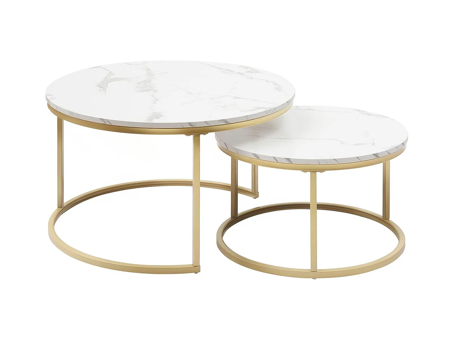 Table basse gigogne ronde, lot de 2, table basse gigogne blanche, cadre en métal doré, placage de marbre