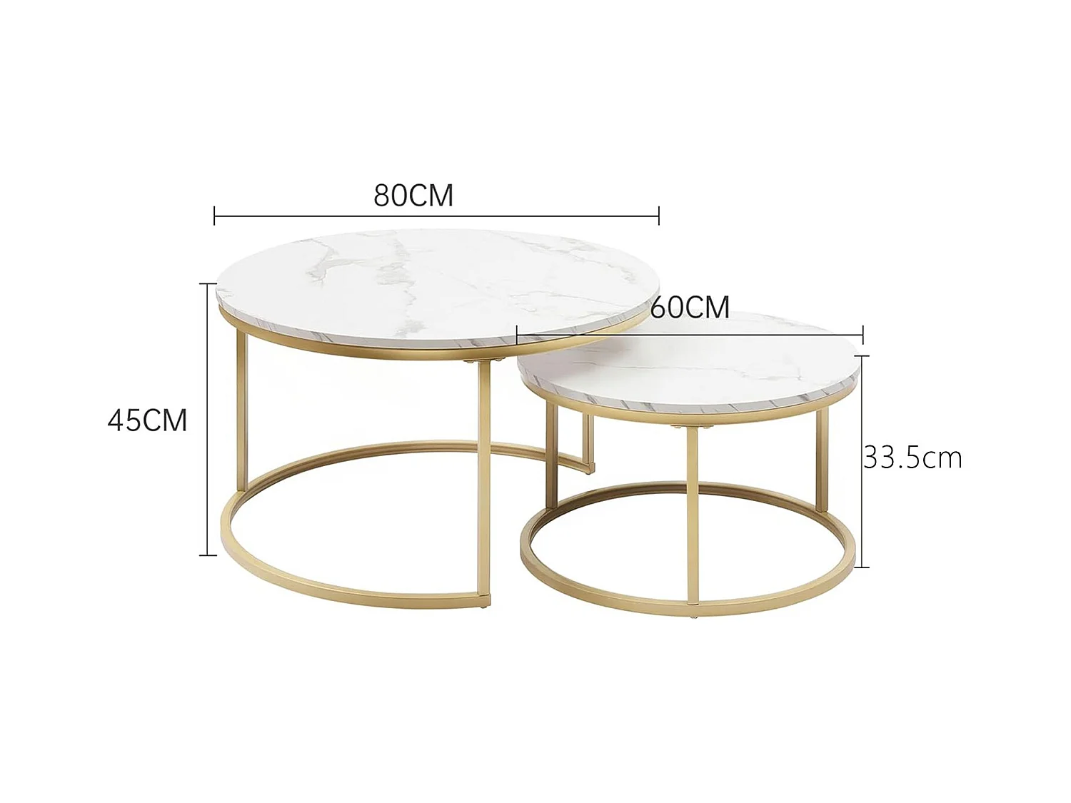 Table basse gigogne ronde, lot de 2, table basse gigogne blanche, cadre en métal doré, placage de marbre