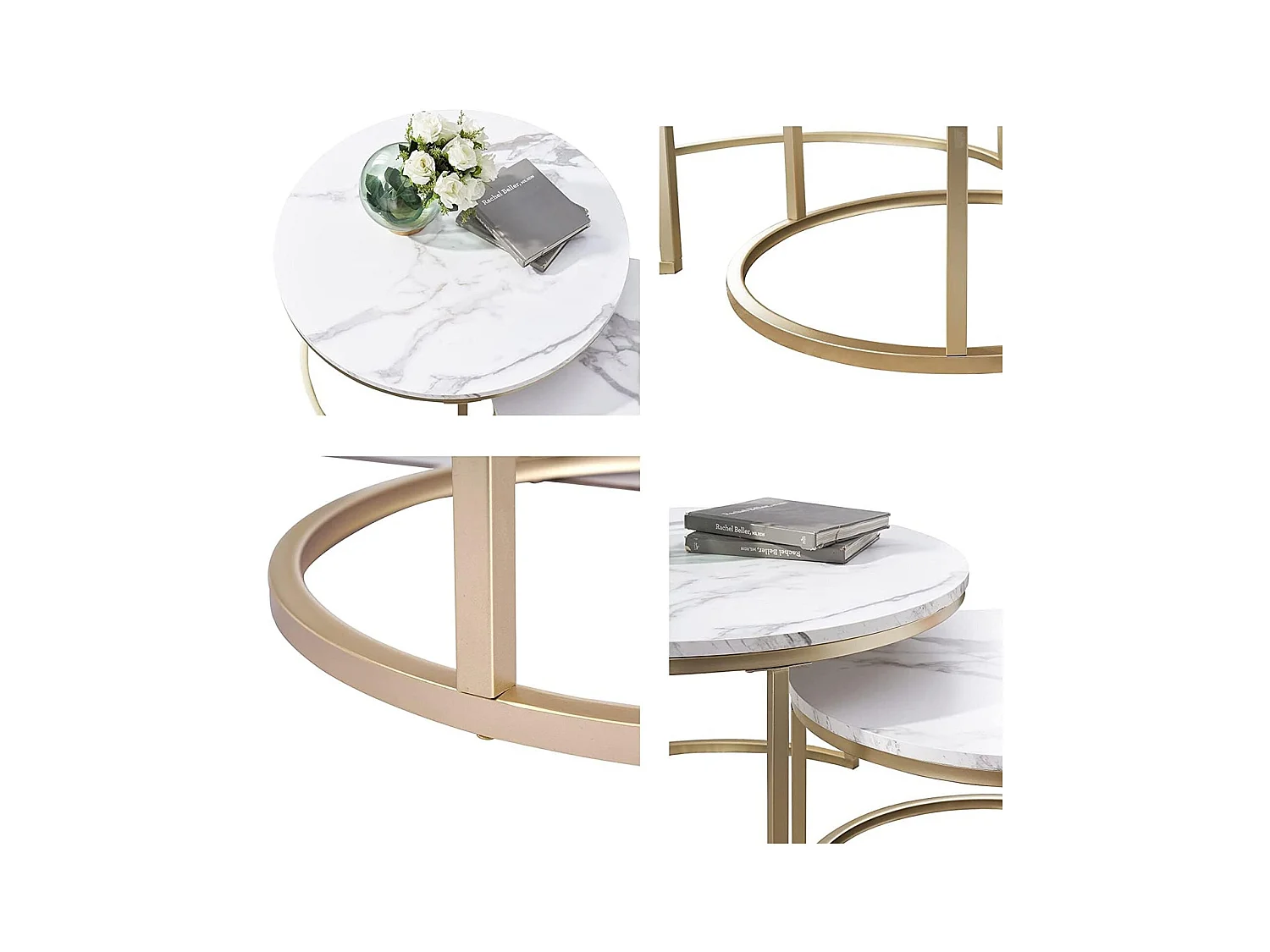 Table basse gigogne ronde, lot de 2, table basse gigogne blanche, cadre en métal doré, placage de marbre