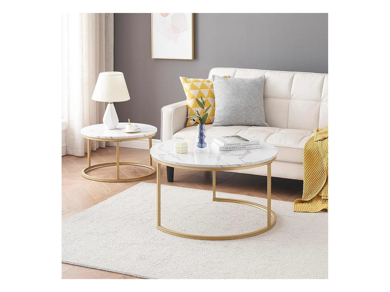 Table basse gigogne ronde, lot de 2, table basse gigogne blanche, cadre en métal doré, placage de marbre