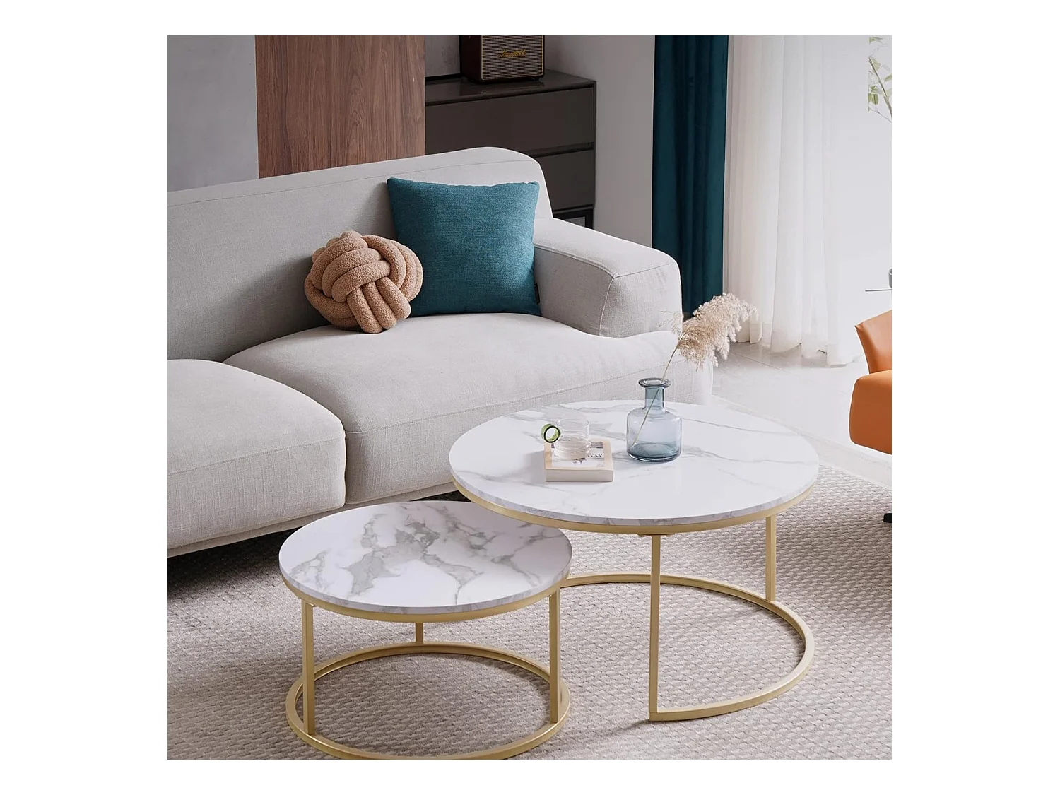 Table basse gigogne ronde, lot de 2, table basse gigogne blanche, cadre en métal doré, placage de marbre