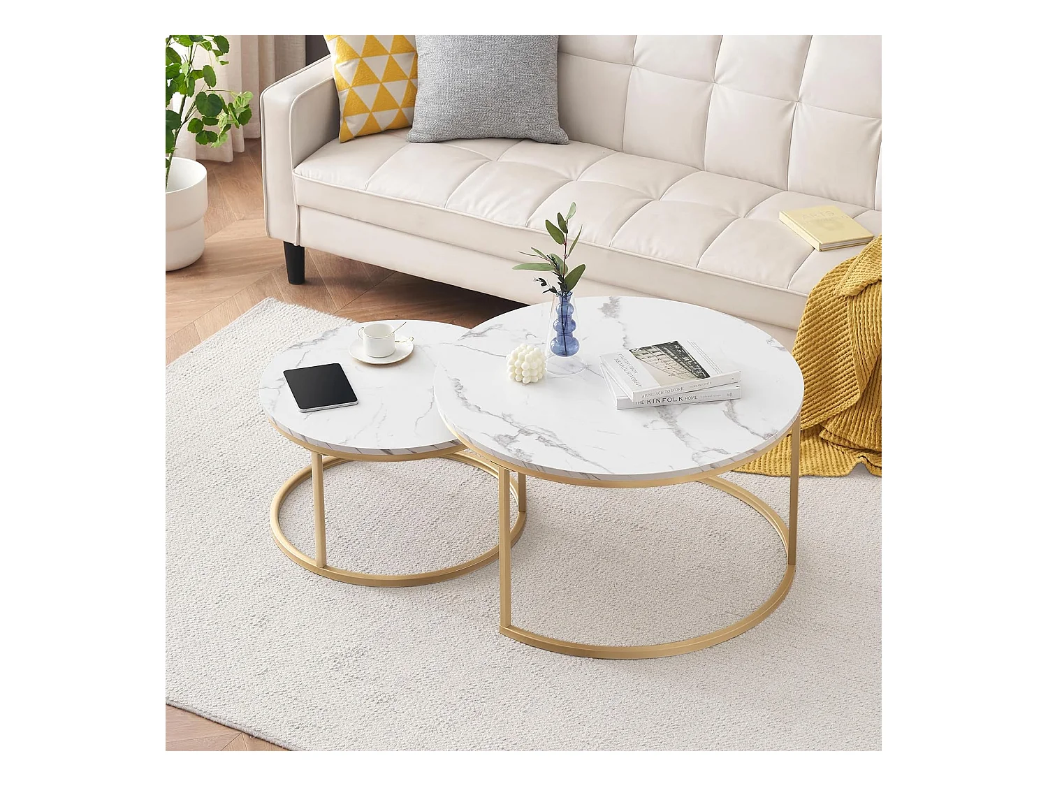 Table basse gigogne ronde, lot de 2, table basse gigogne blanche, cadre en métal doré, placage de marbre