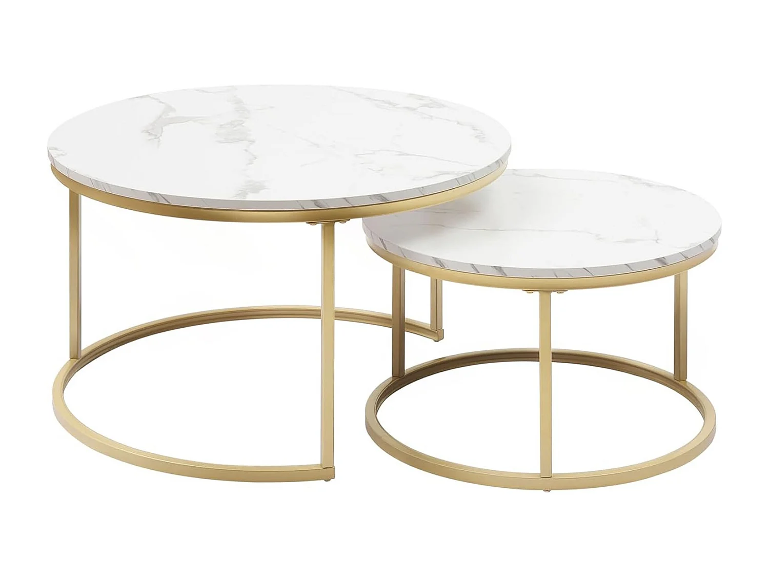Table basse gigogne ronde, lot de 2, table basse gigogne blanche, cadre en métal doré, placage de marbre