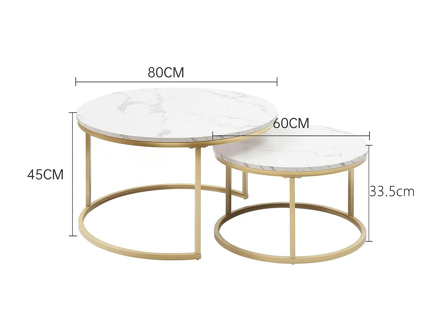 Table basse gigogne ronde, lot de 2, table basse gigogne blanche, cadre en métal doré, placage de marbre