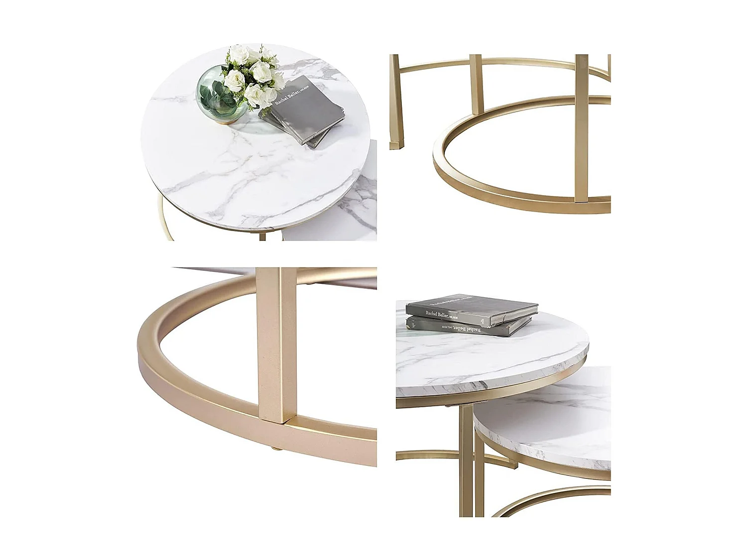 Table basse gigogne ronde, lot de 2, table basse gigogne blanche, cadre en métal doré, placage de marbre