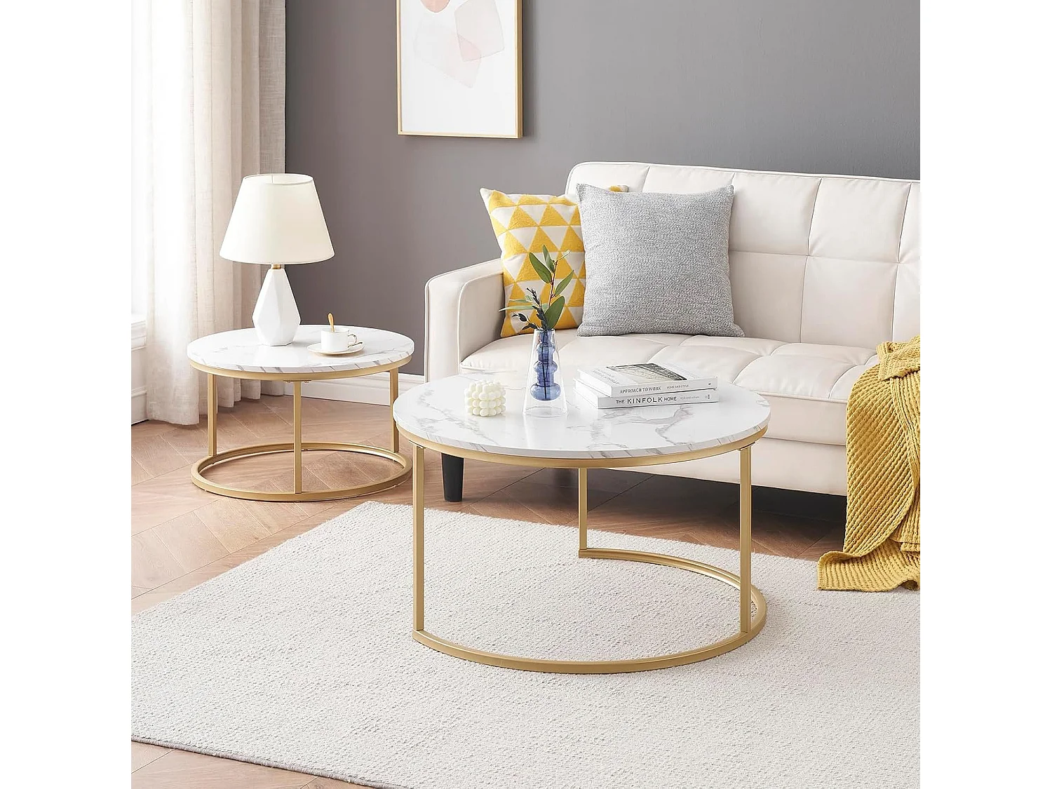 Table basse gigogne ronde, lot de 2, table basse gigogne blanche, cadre en métal doré, placage de marbre