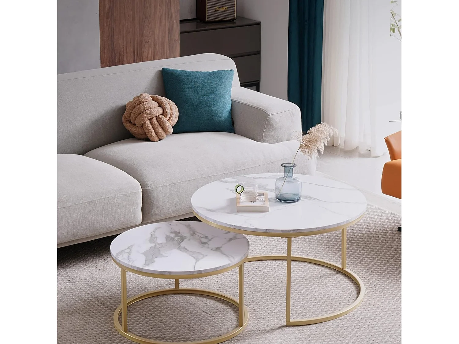 Table basse gigogne ronde, lot de 2, table basse gigogne blanche, cadre en métal doré, placage de marbre