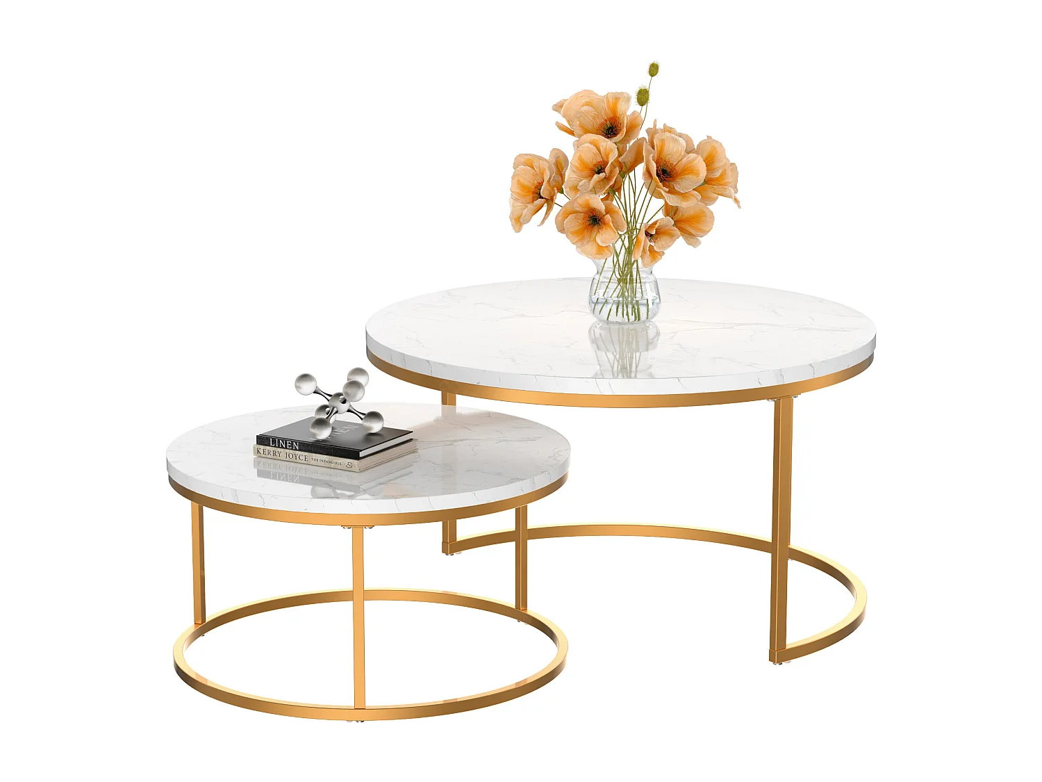 Table basse gigogne ronde, lot de 2, table basse gigogne blanche, cadre en métal doré, placage de marbre