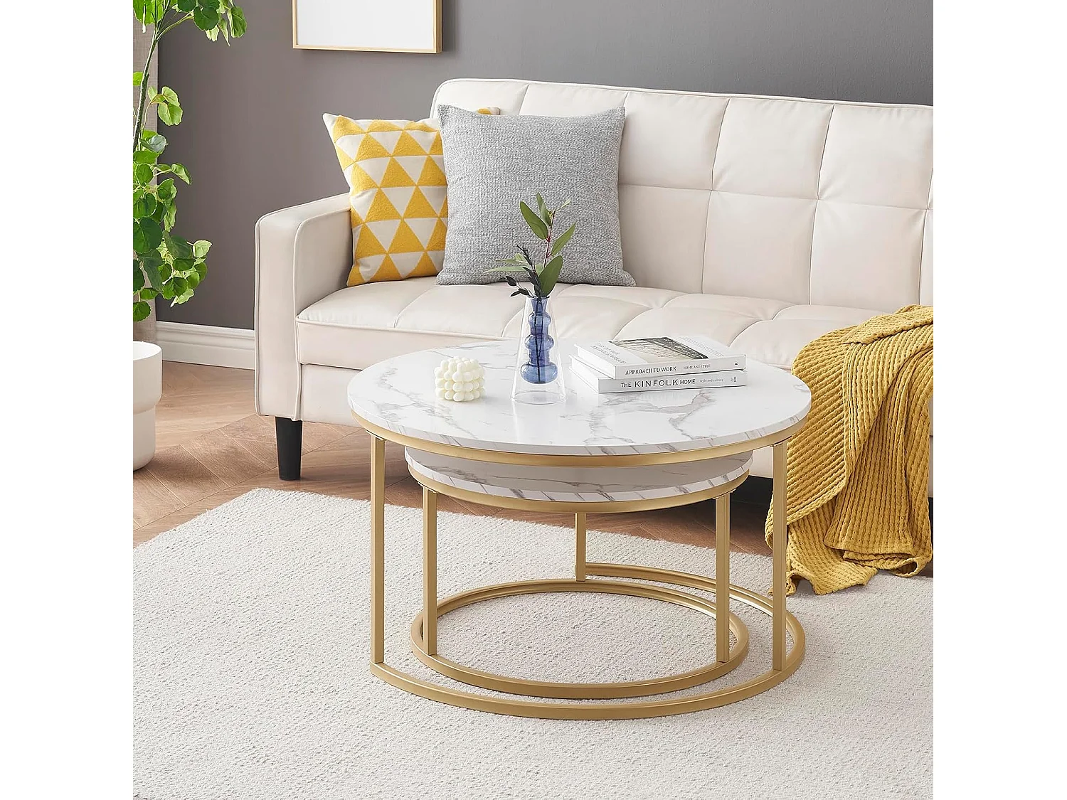 Table basse gigogne ronde, lot de 2, table basse gigogne blanche, cadre en métal doré, placage de marbre
