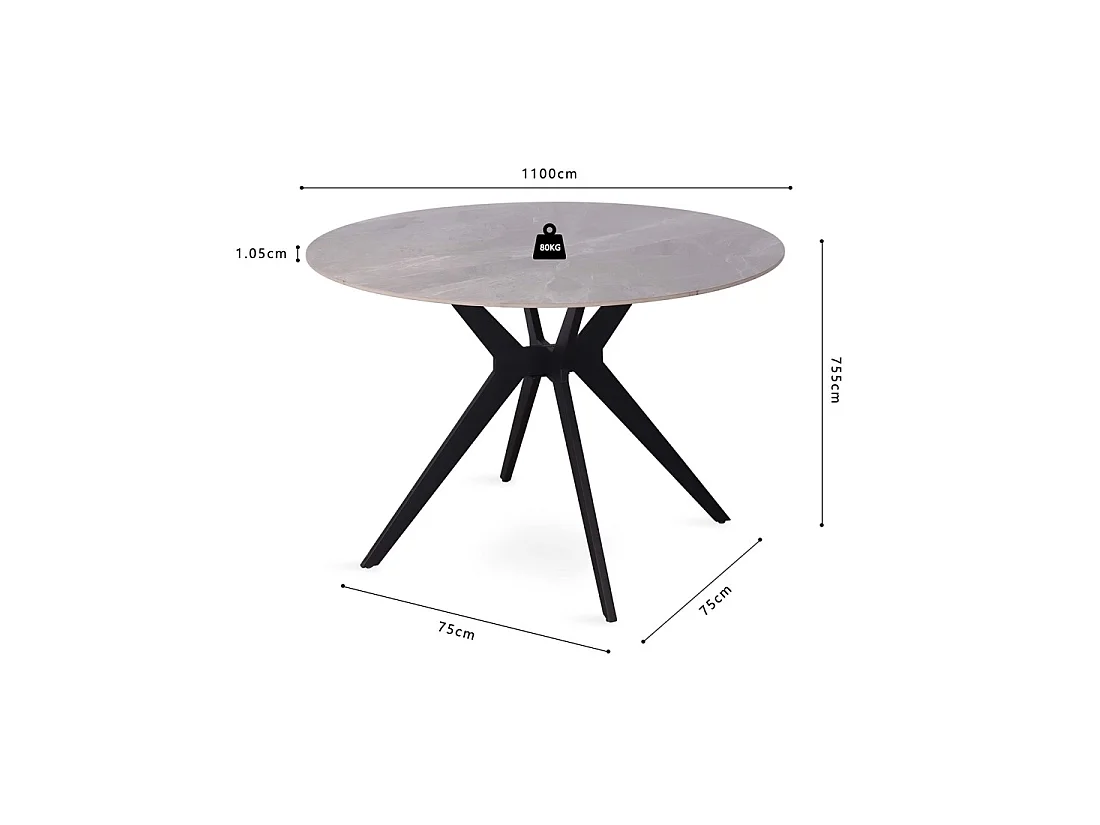 Tavolo da pranzo rotondo ARVENA – 110 cm – Piano in pietra sinterizzata – Colore grigio – Design contemporaneo e robusto