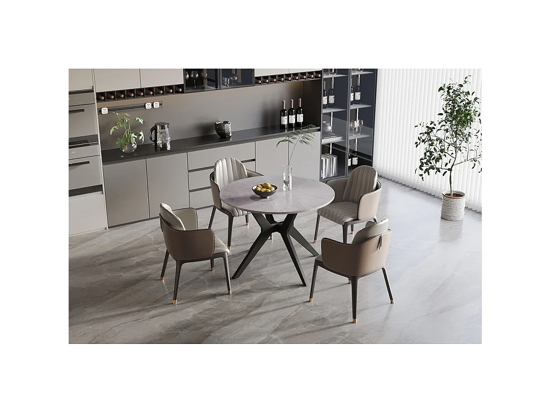 Tavolo da pranzo rotondo ARVENA – 110 cm – Piano in pietra sinterizzata – Colore grigio – Design contemporaneo e robusto