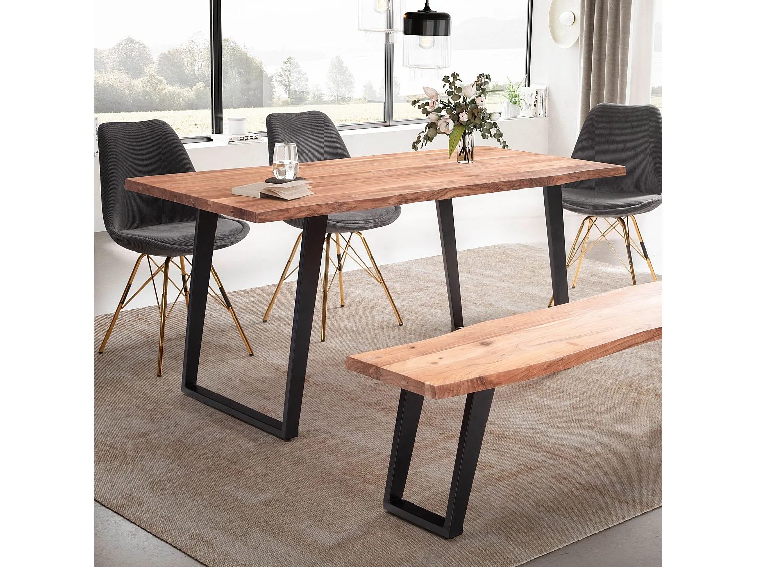 table de salle à manger 120x60x76 cm table à manger en bois massif d'acacia/métal bord d'arbre,