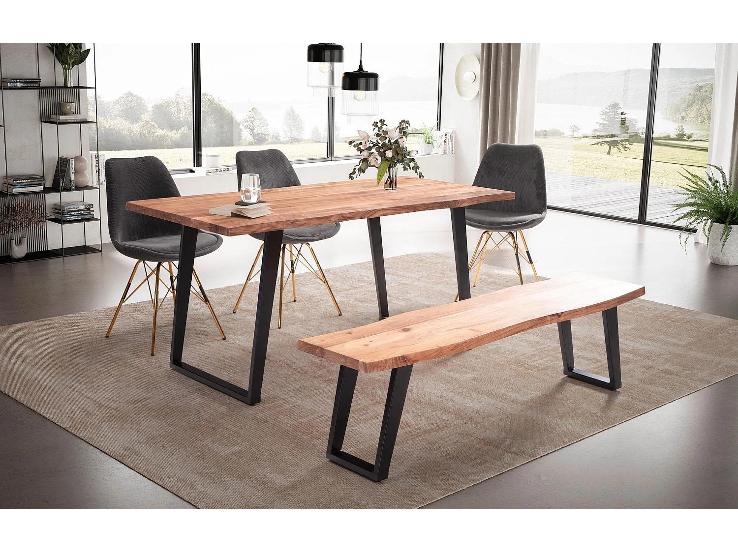 table de salle à manger 120x60x76 cm table à manger en bois massif d'acacia/métal bord d'arbre,