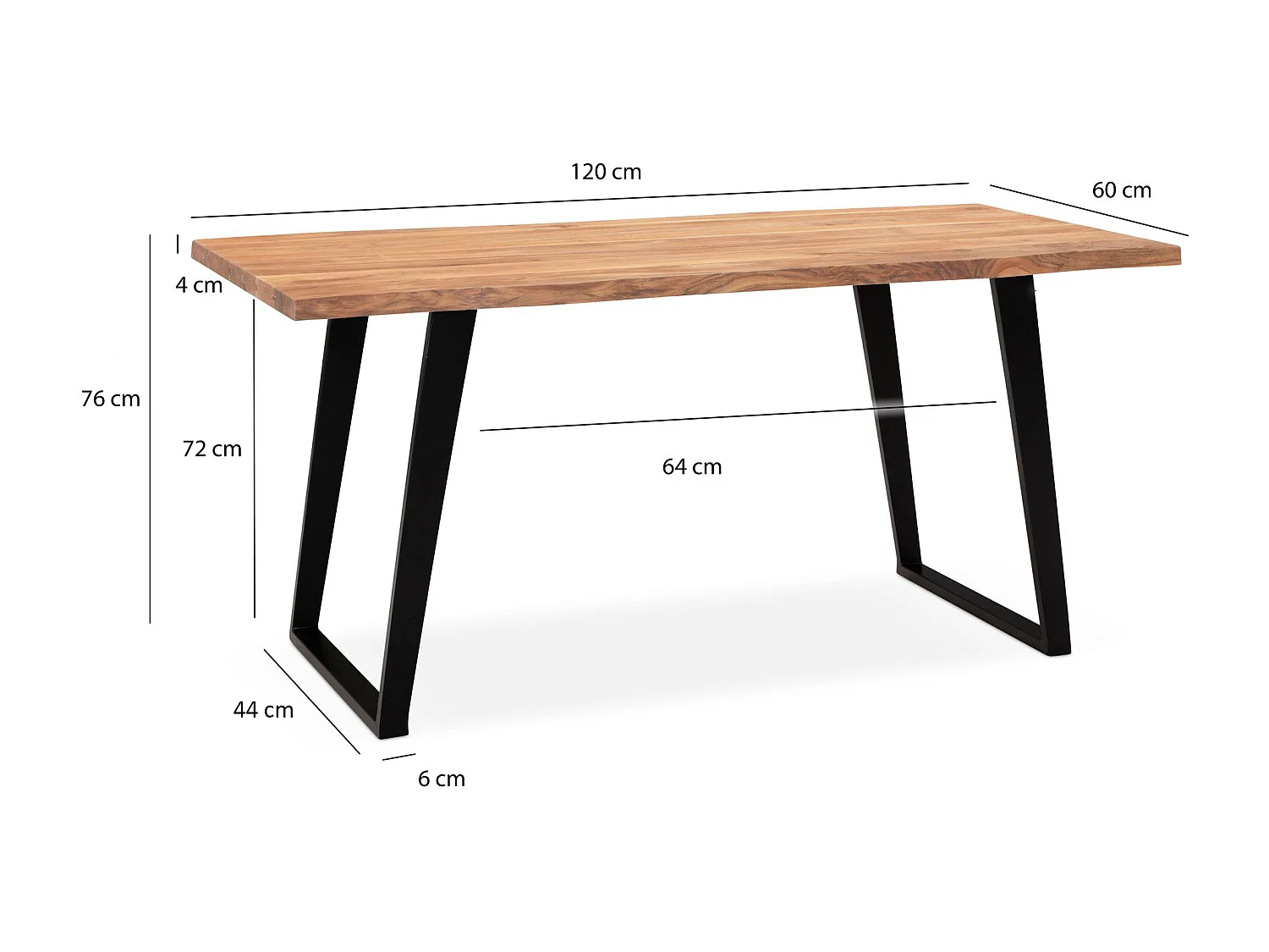 table de salle à manger 120x60x76 cm table à manger en bois massif d'acacia/métal bord d'arbre,