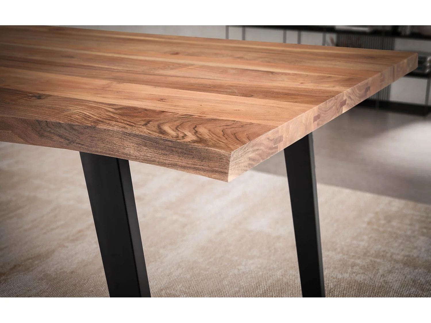 table de salle à manger 120x60x76 cm table à manger en bois massif d'acacia/métal bord d'arbre,