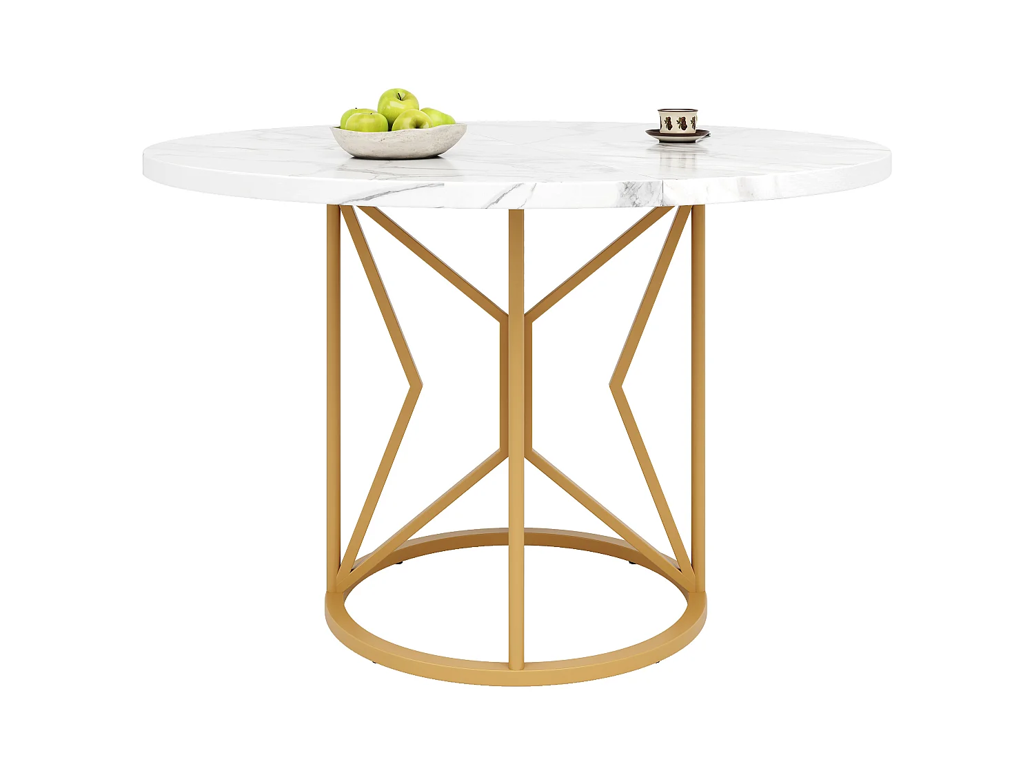 Table à manger ronde 4 personnes, plateau en placage marbre blanc avec pieds central en métal doré - 100x100x76cm