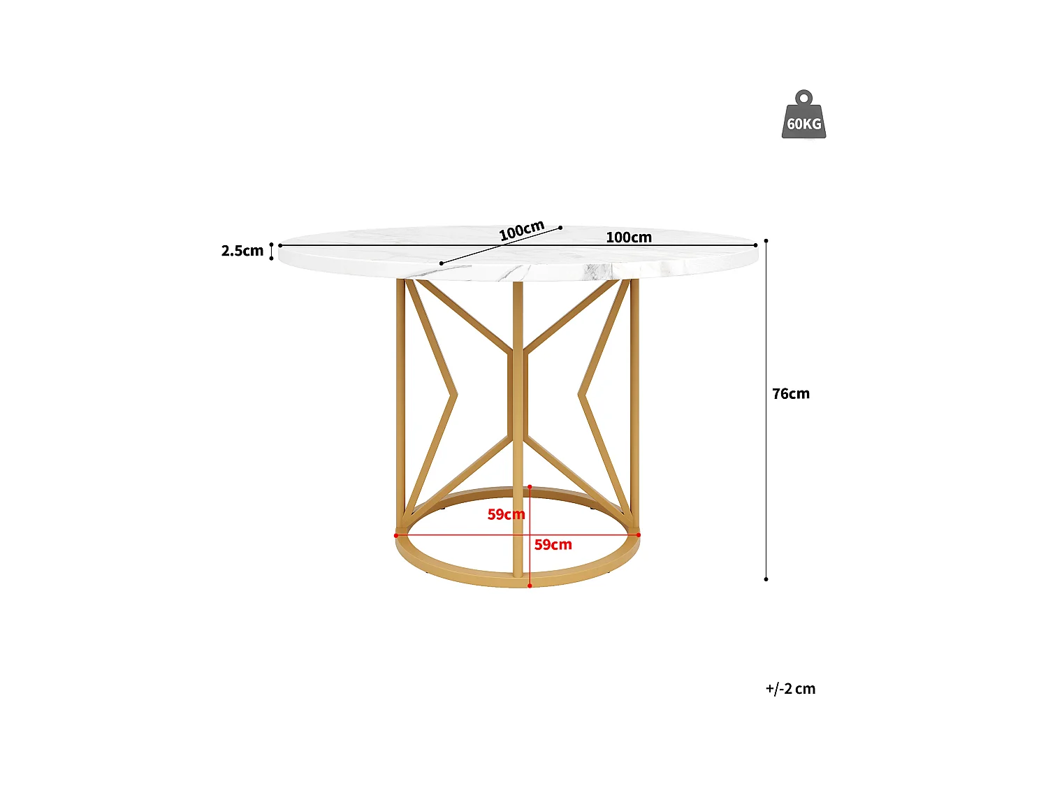 Table à manger ronde 4 personnes, plateau en placage marbre blanc avec pieds central en métal doré - 100x100x76cm