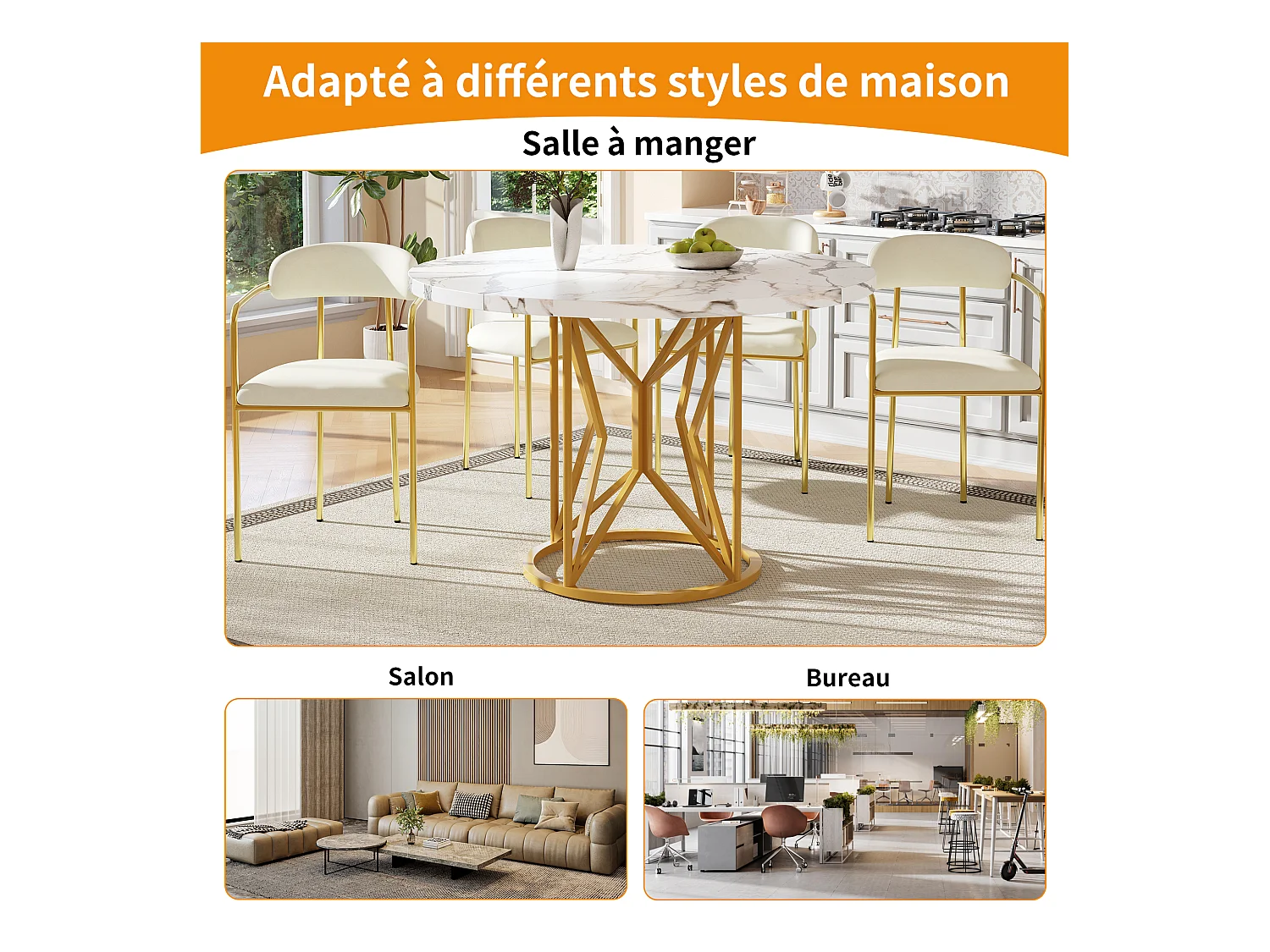 Table à manger ronde 4 personnes, plateau en placage marbre blanc avec pieds central en métal doré - 100x100x76cm