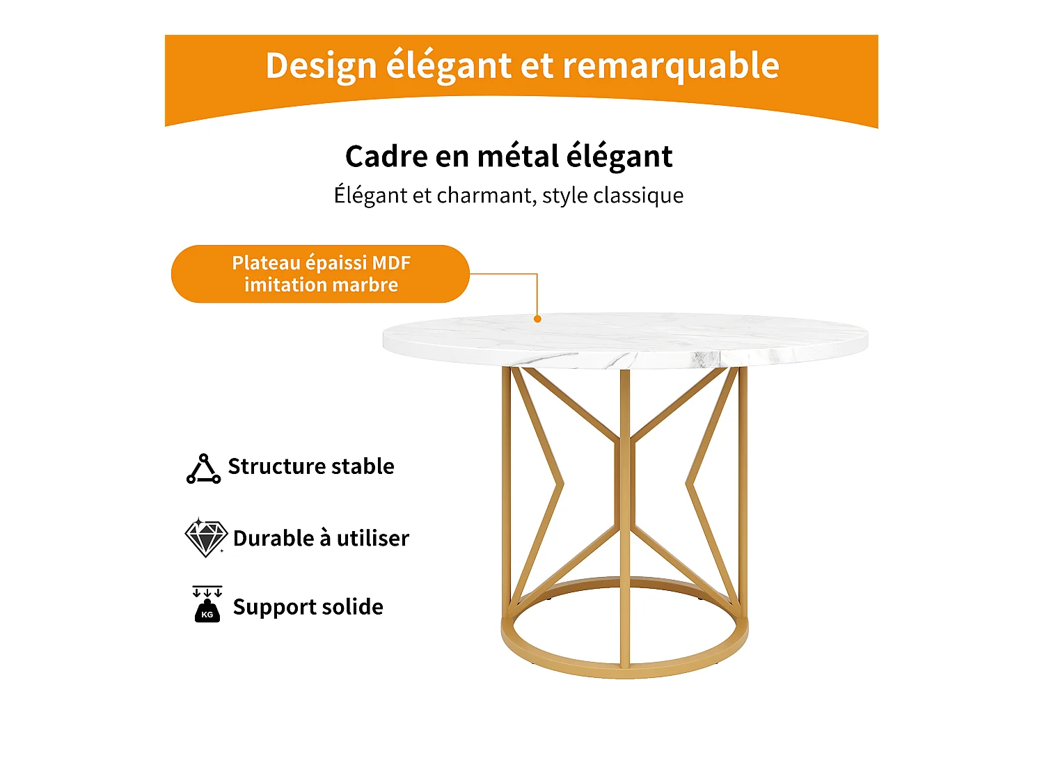 Table à manger ronde 4 personnes, plateau en placage marbre blanc avec pieds central en métal doré - 100x100x76cm