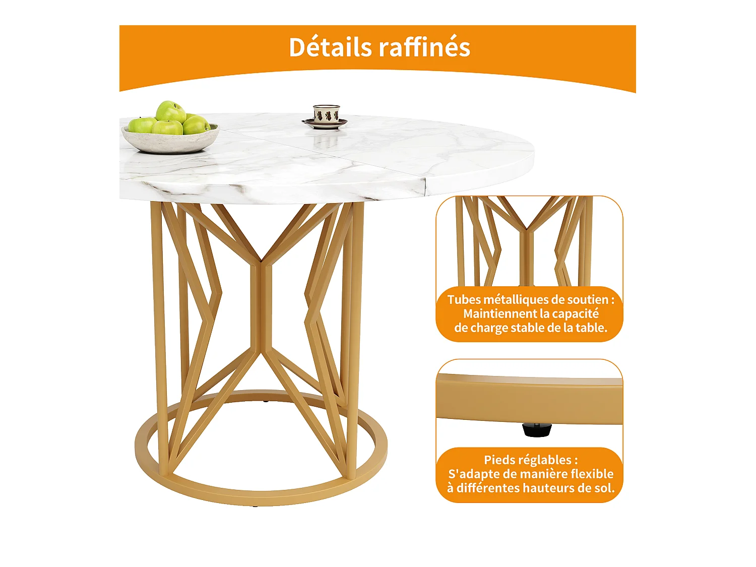 Table à manger ronde 4 personnes, plateau en placage marbre blanc avec pieds central en métal doré - 100x100x76cm