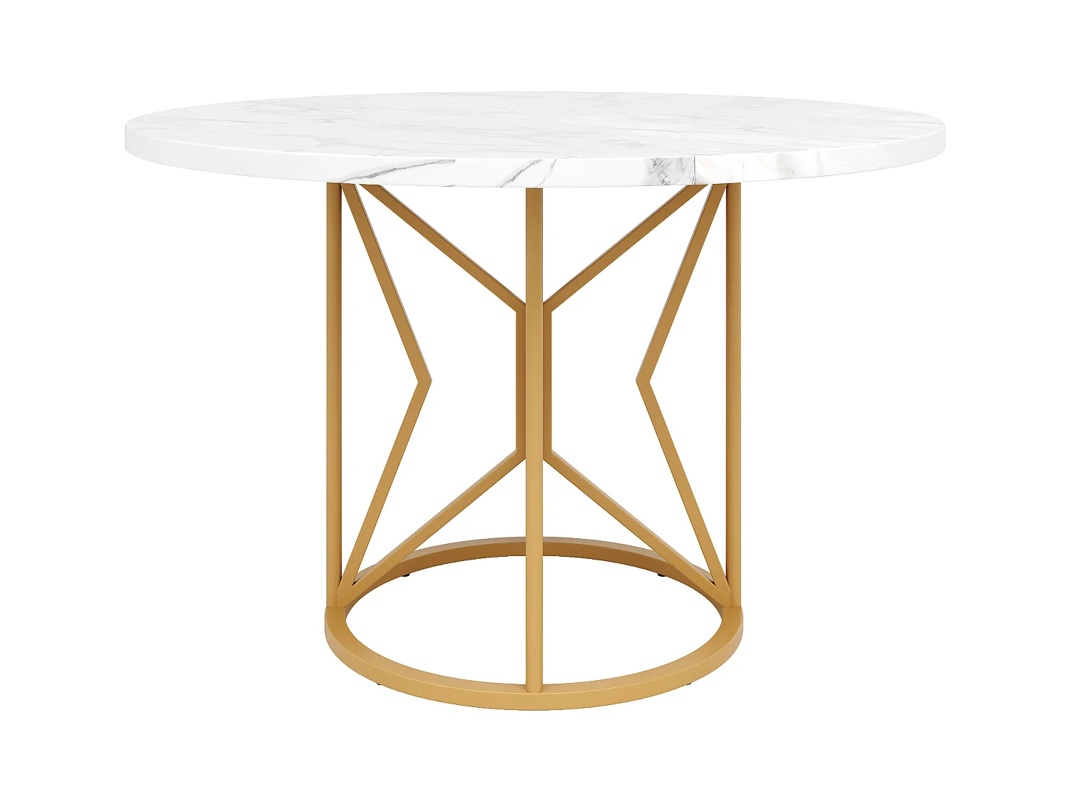 Table à manger ronde 4 personnes, plateau en placage marbre blanc avec pieds central en métal doré - 100x100x76cm