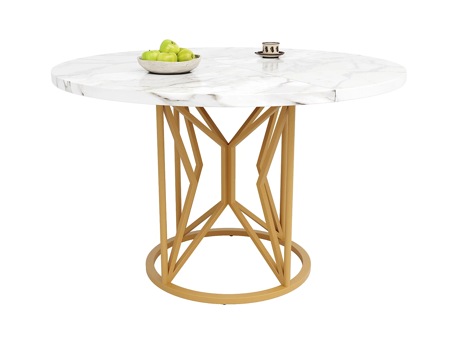 Table à manger ronde 4 personnes, plateau en placage marbre blanc avec pieds central en métal doré - 100x100x76cm