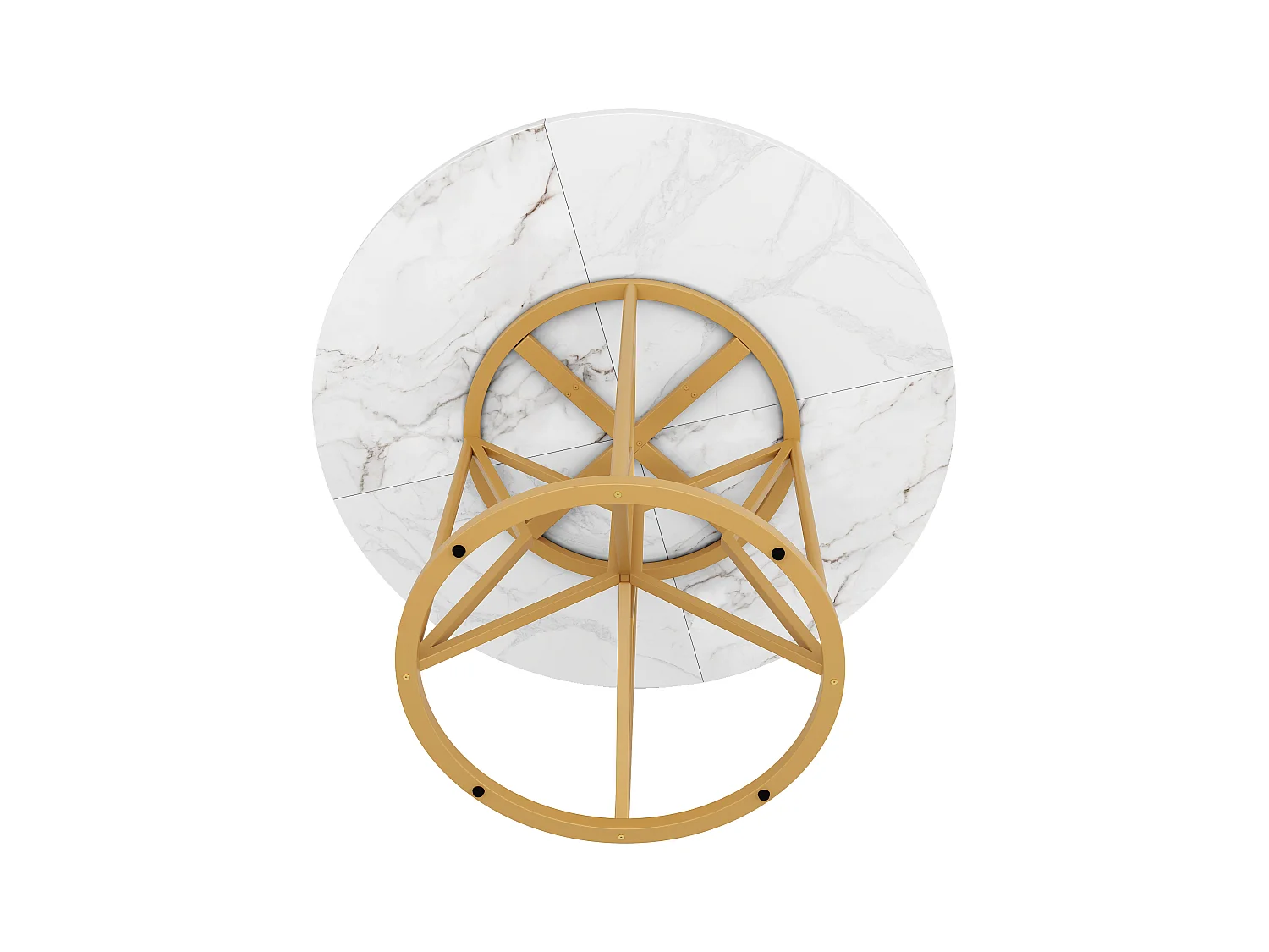 Table à manger ronde 4 personnes, plateau en placage marbre blanc avec pieds central en métal doré - 100x100x76cm