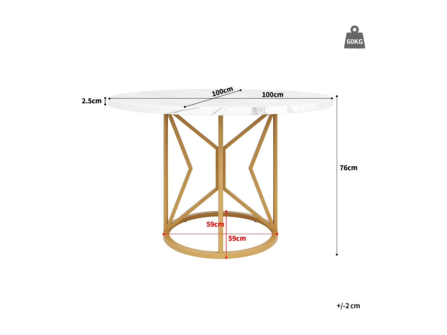 Table à manger ronde 4 personnes, plateau en placage marbre blanc avec pieds central en métal doré - 100x100x76cm