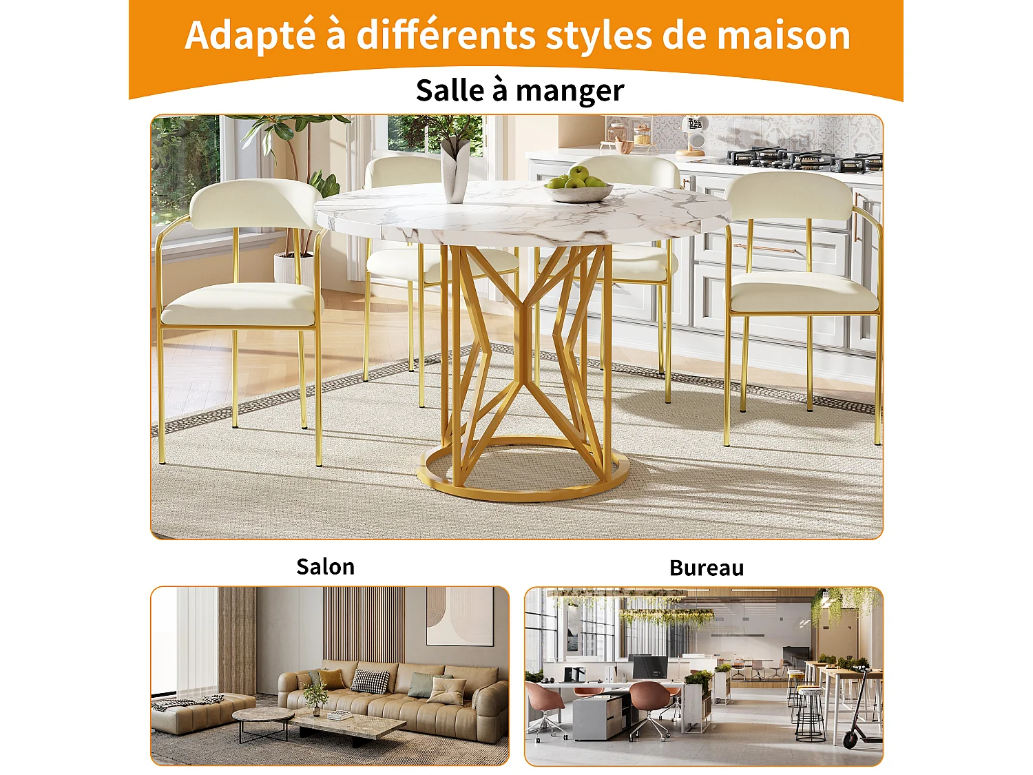 Table à manger ronde 4 personnes, plateau en placage marbre blanc avec pieds central en métal doré - 100x100x76cm