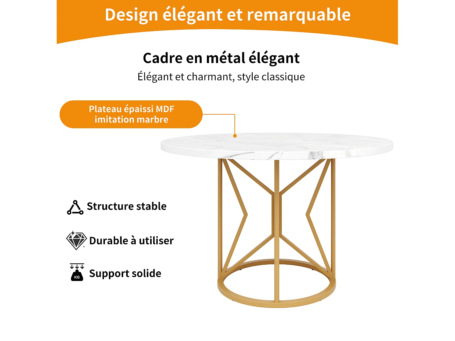 Table à manger ronde 4 personnes, plateau en placage marbre blanc avec pieds central en métal doré - 100x100x76cm