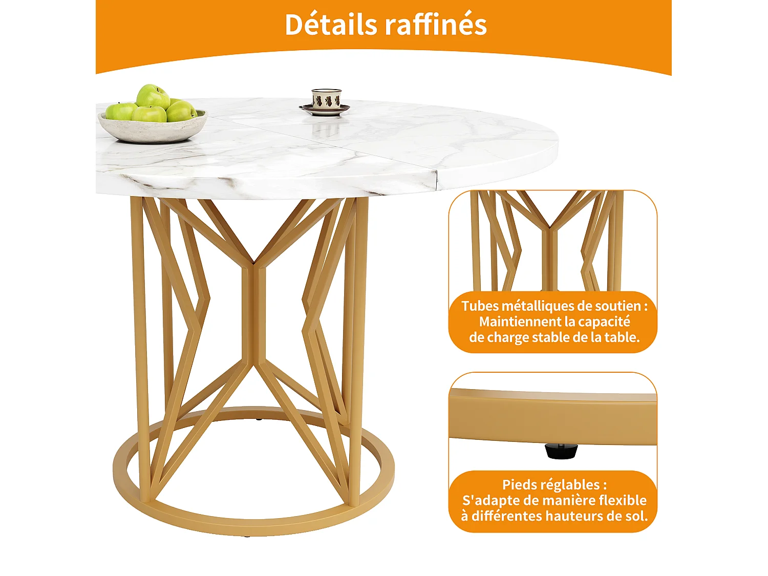 Table à manger ronde 4 personnes, plateau en placage marbre blanc avec pieds central en métal doré - 100x100x76cm