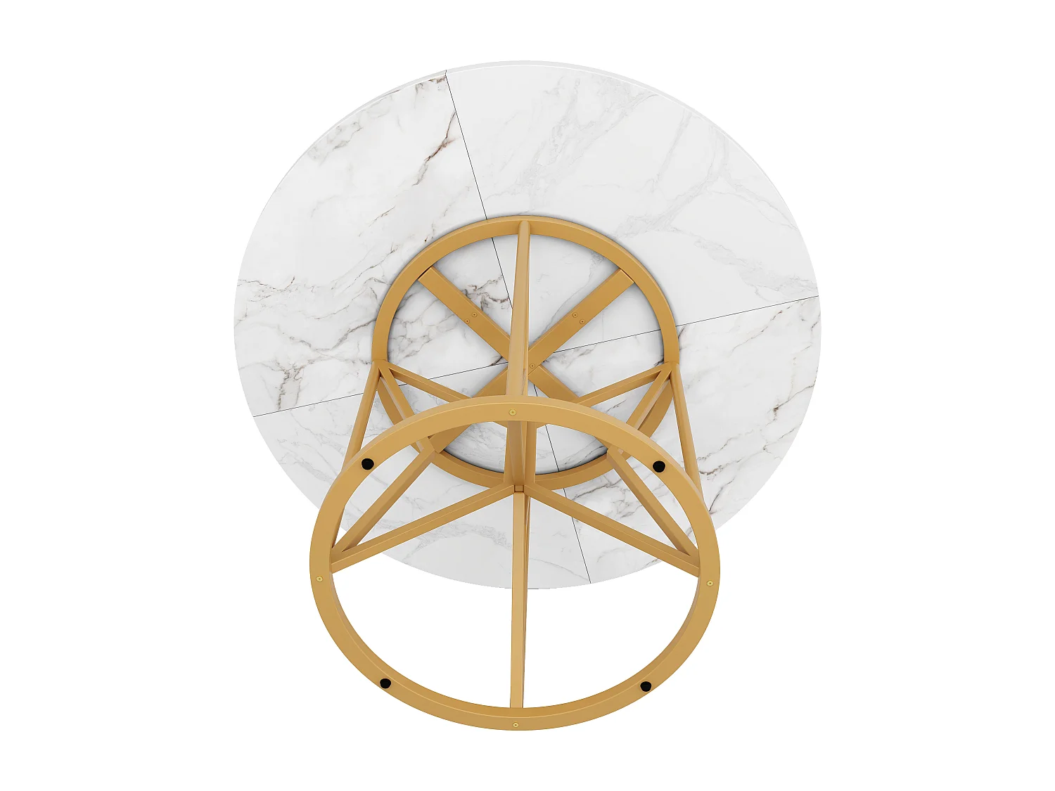 Table à manger ronde 4 personnes, plateau en placage marbre blanc avec pieds central en métal doré - 100x100x76cm