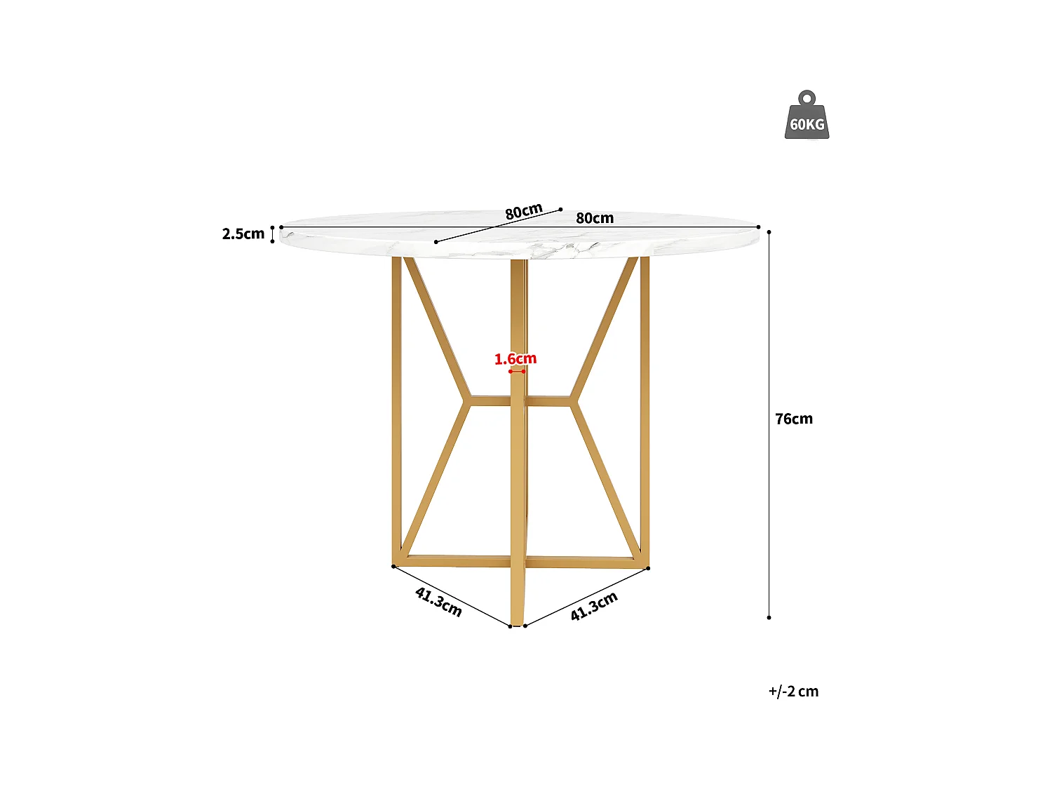 Table à manger ronde 4 personnes, plateau en placage marbre blanc avec pieds croisé en métal doré - 80x80x76cm