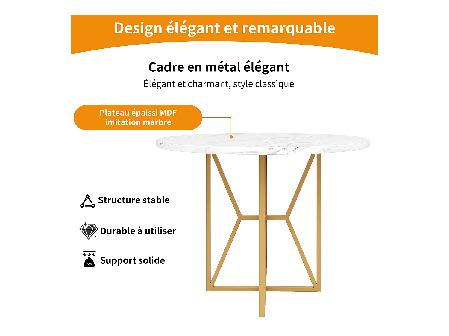 Table à manger ronde 4 personnes, plateau en placage marbre blanc avec pieds croisé en métal doré - 80x80x76cm