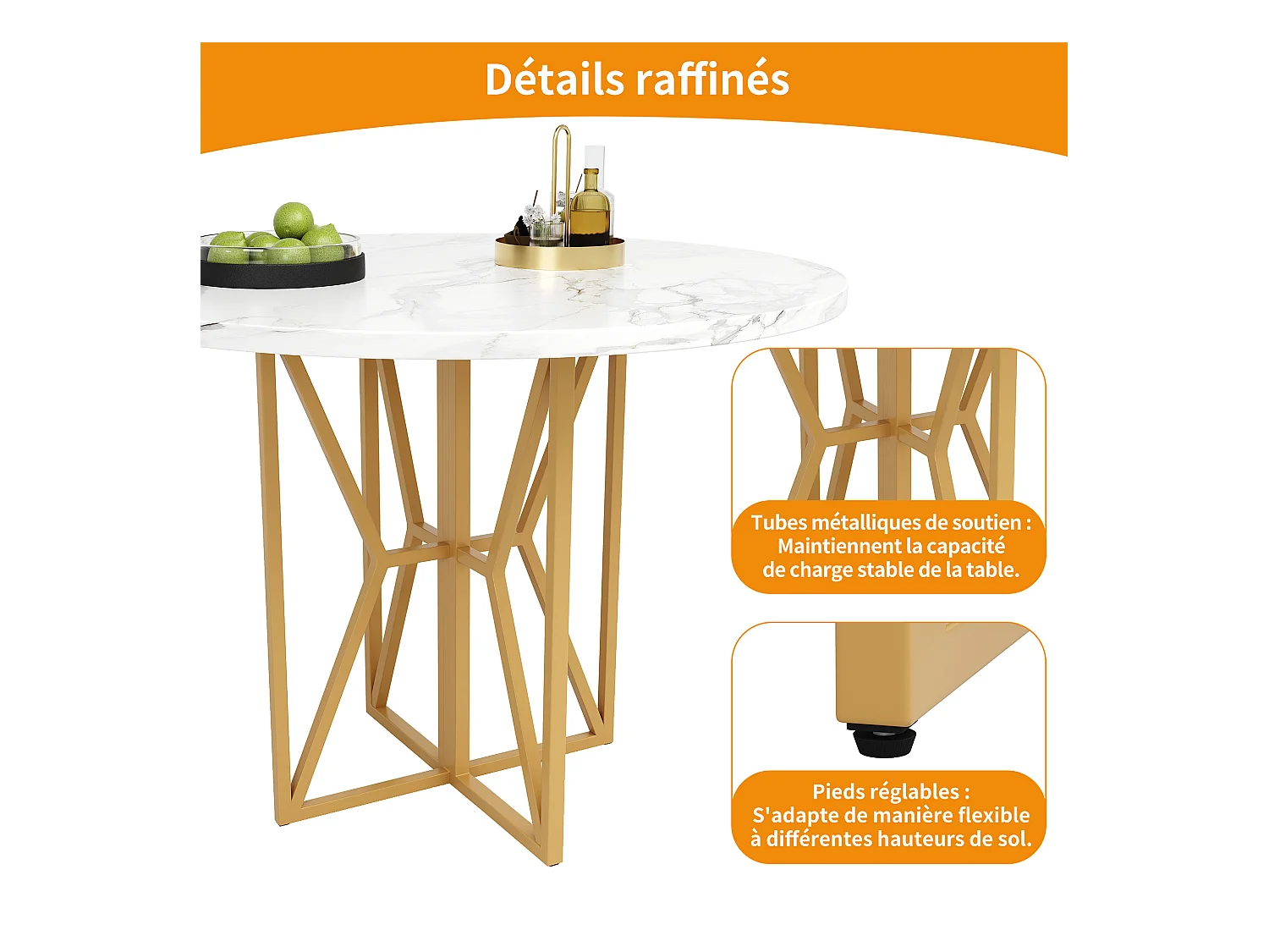 Table à manger ronde 4 personnes, plateau en placage marbre blanc avec pieds croisé en métal doré - 80x80x76cm
