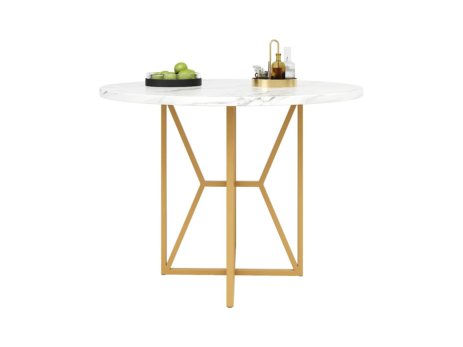 Table à manger ronde 4 personnes, plateau en placage marbre blanc avec pieds croisé en métal doré - 80x80x76cm