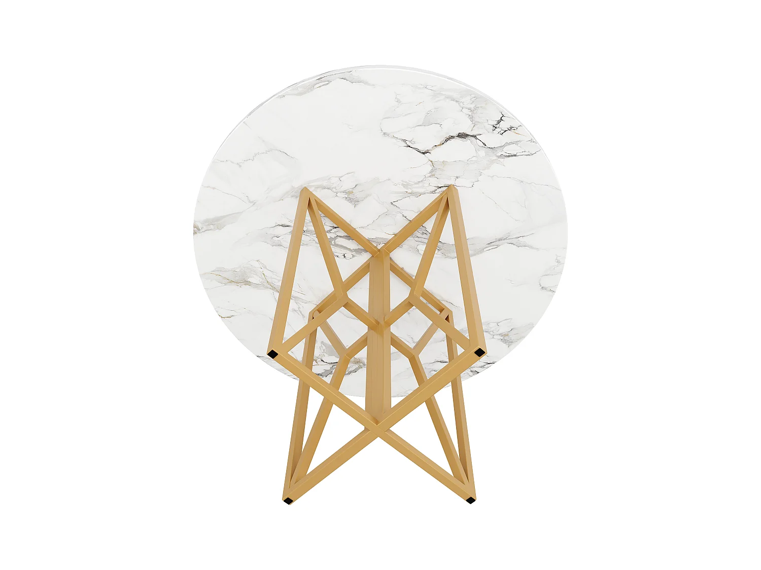 Table à manger ronde 4 personnes, plateau en placage marbre blanc avec pieds croisé en métal doré - 80x80x76cm