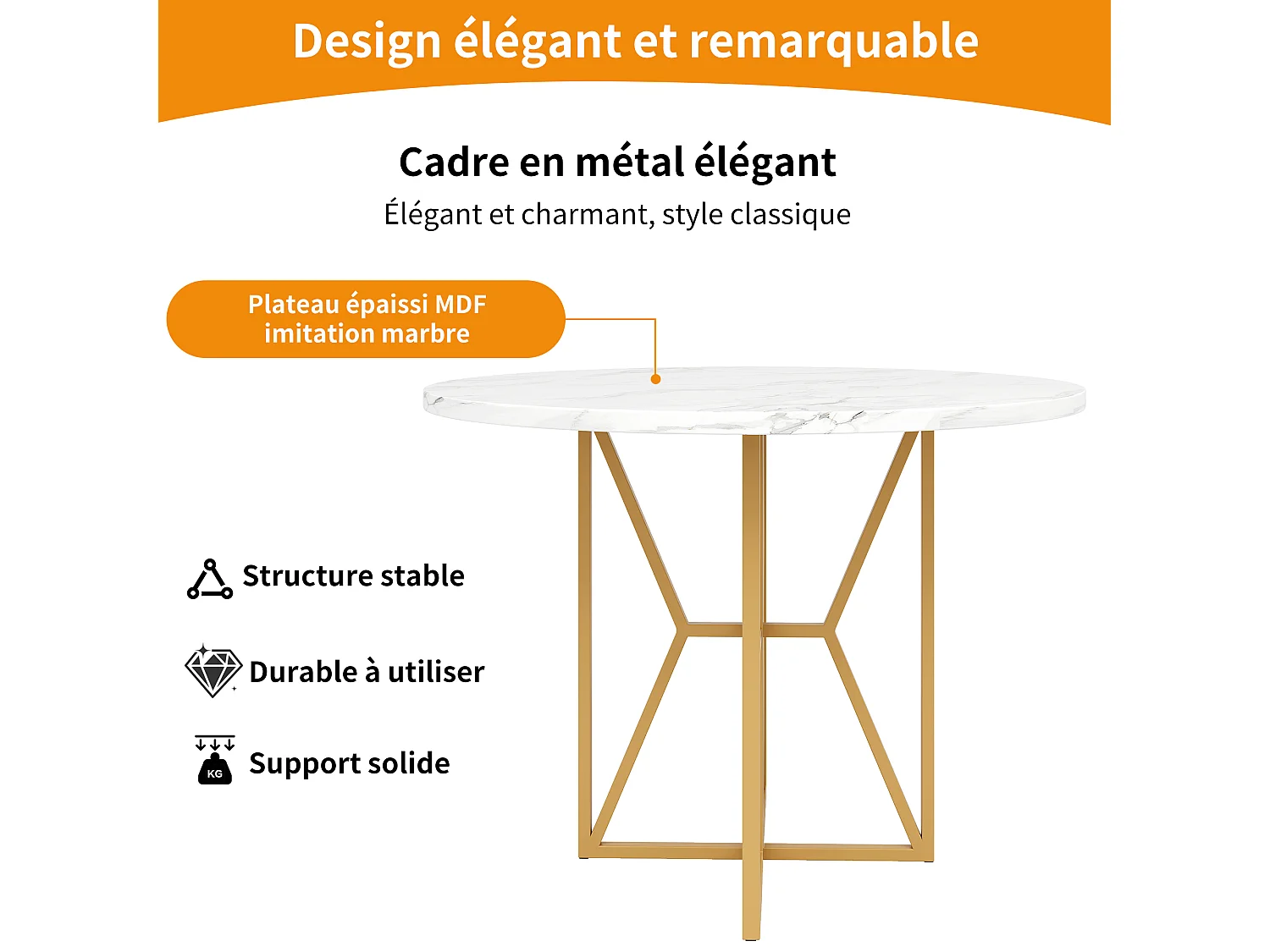 Table à manger ronde 4 personnes, plateau en placage marbre blanc avec pieds croisé en métal doré - 80x80x76cm