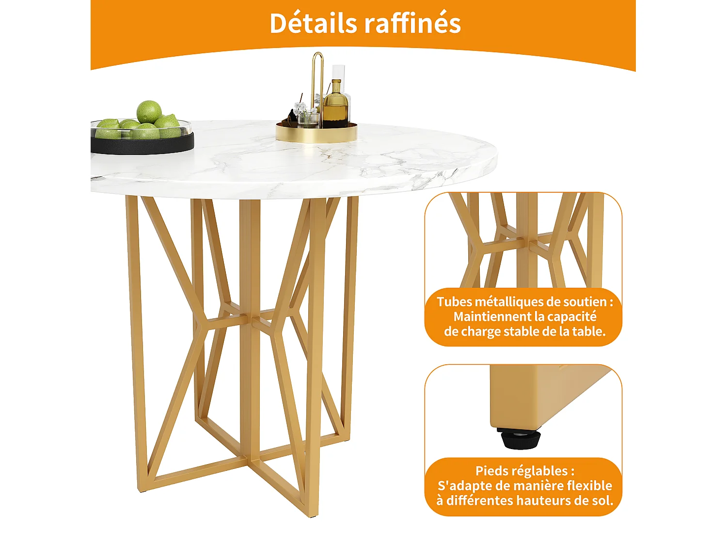 Table à manger ronde 4 personnes, plateau en placage marbre blanc avec pieds croisé en métal doré - 80x80x76cm