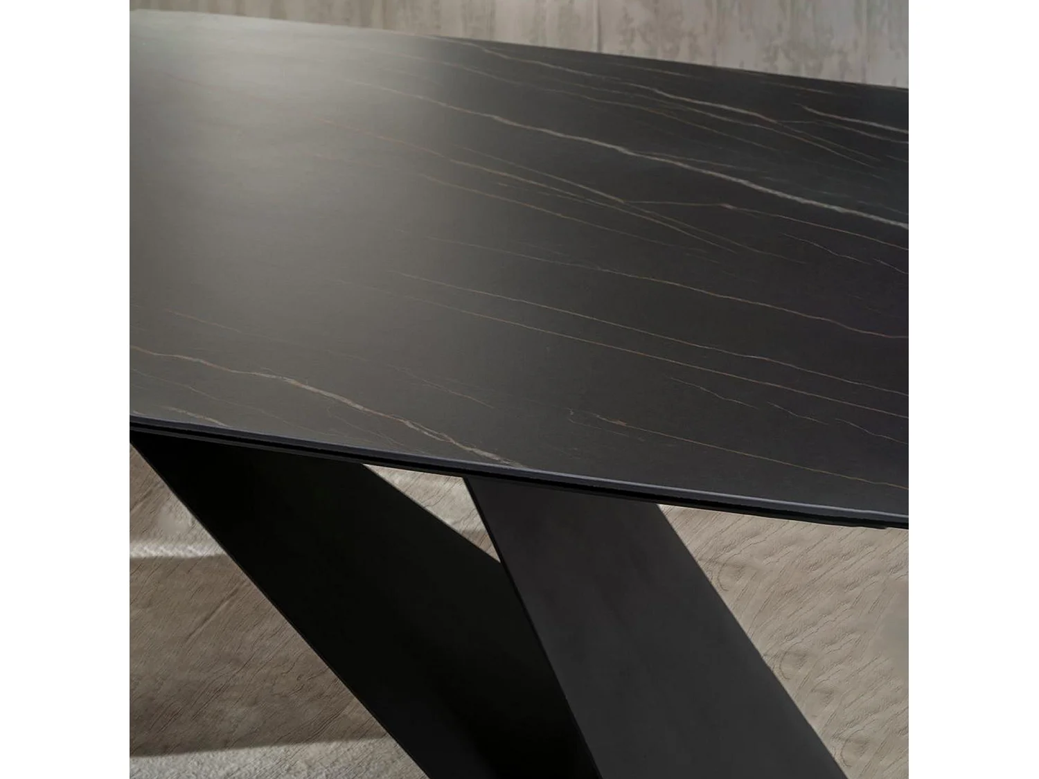 Mesa fixa moderna "Loyra" em cerâmica sobre vidro temperado com efeito mármore cm 220x110 76h