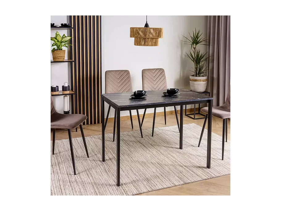 Table rectangulaire 100 cm avec plateau stratifié noir effet marbre pieds noir LANDRY