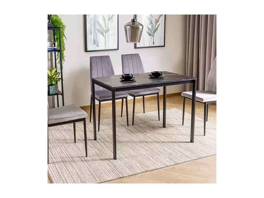 Table rectangulaire 100 cm avec plateau stratifié noir effet marbre pieds noir LANDRY