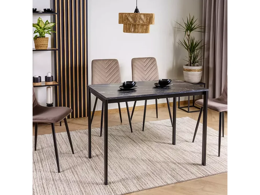 Table rectangulaire 100 cm avec plateau stratifié noir effet marbre pieds noir LANDRY